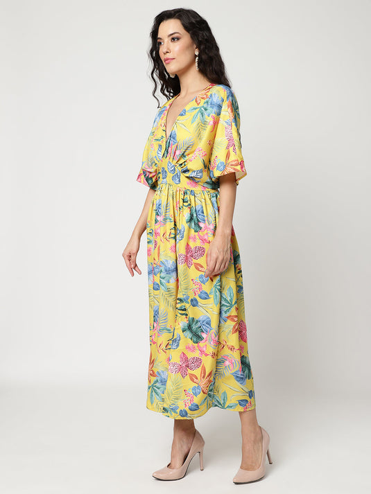 Floral Digital Printed V-Neck Kimono Sleeve Style Dress