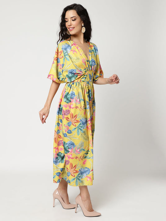 Floral Digital Printed V-Neck Kimono Sleeve Style Dress