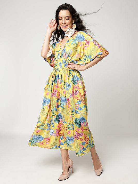 Floral Digital Printed V-Neck Kimono Sleeve Style Dress