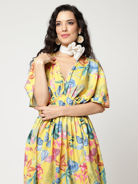 Floral Digital Printed V-Neck Kimono Sleeve Style Dress