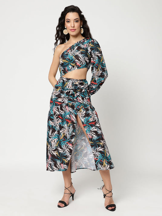 Multicolor Digital Printed One-Shoulder Dress With Waist Cutout