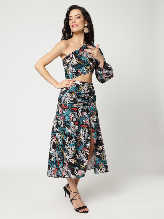 Multicolor Digital Printed One-Shoulder Dress With Waist Cutout