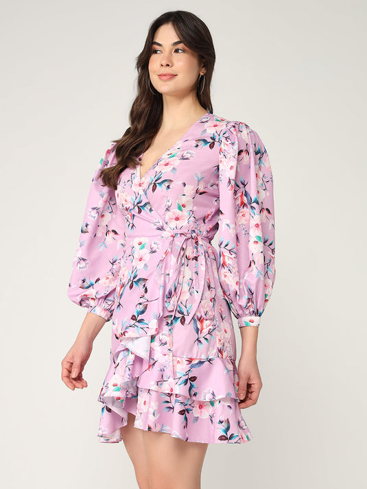 Digital Printed Floral Overlap Dress