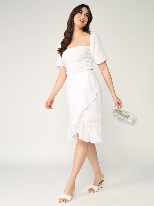 Solid Fit And Flare Summer Dress With Smocked Elasticised Bodice