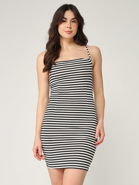 Printed Stripes Bodycon Strappy Cocktail Dress