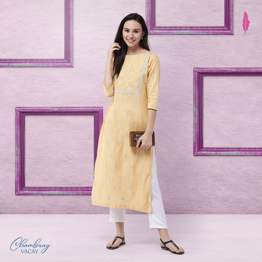 Chambray Embroidered Kurta With Pintuck Yoke