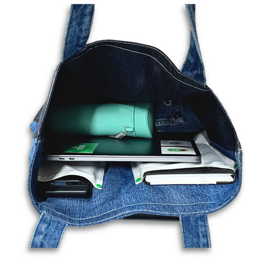 Multi-Pocket Reversible Denim Tote Bag