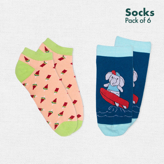 Foodgasm Series 1! + Animalholic Series 1! Unisex Socks, 100% Organic Cotton, Ankle Length, Pack of 6