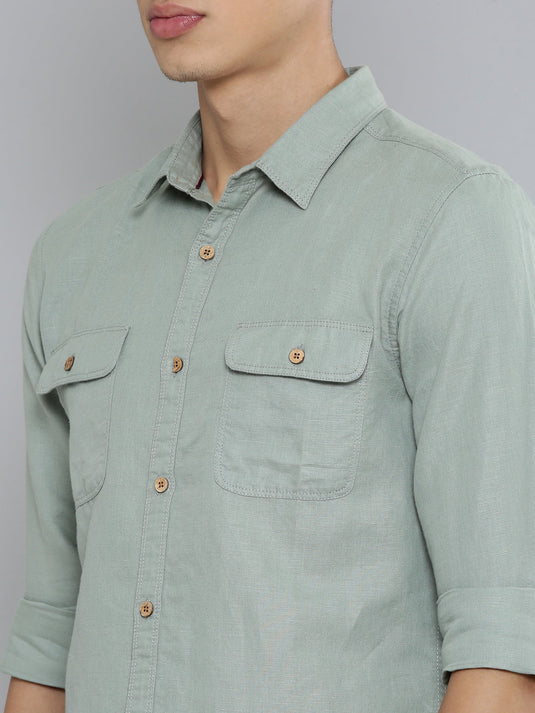 Men Hemp Lily Green Double Pocket Utility Shirt