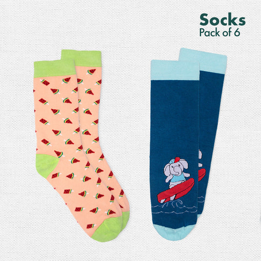 Foodgasm Series 1! + Animalholic Series 1! Unisex Socks, 100% Organic Cotton, Crew Length, Pack of 6