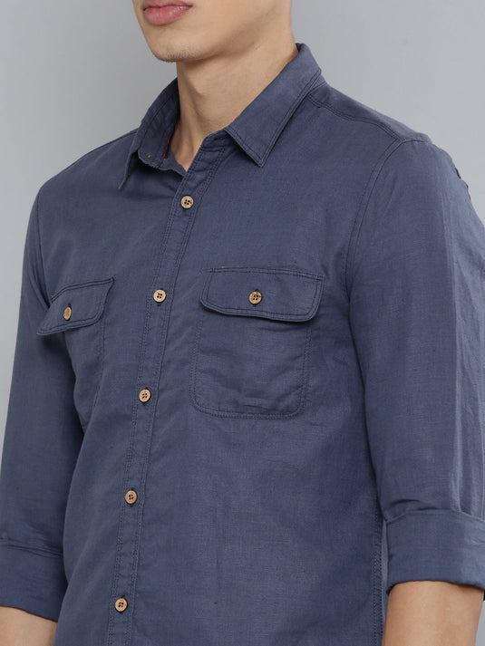 Men Hemp Midnight Blue Double Pocket Utility Shirt