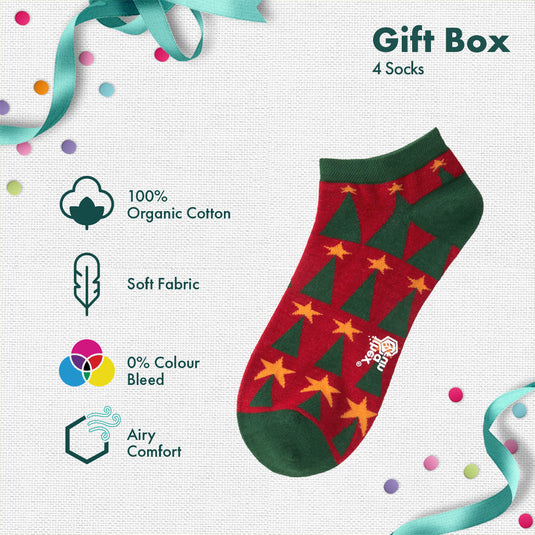 HO! HO! Merry Sox-mas! Unisex Ankle Length Socks, 100% Organic Cotton, Gift Box of 4