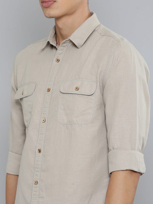 Men Hemp Beige Double Pocket Utility Shirt