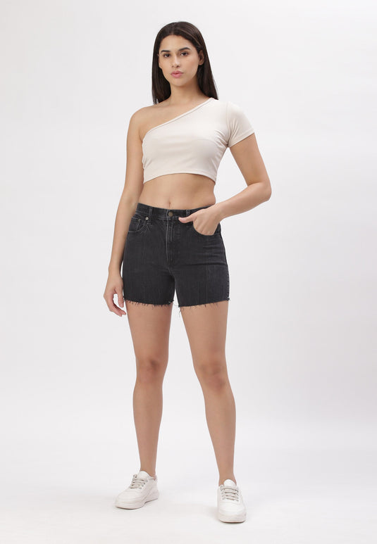 Black High Rise Straight Denim Shorts