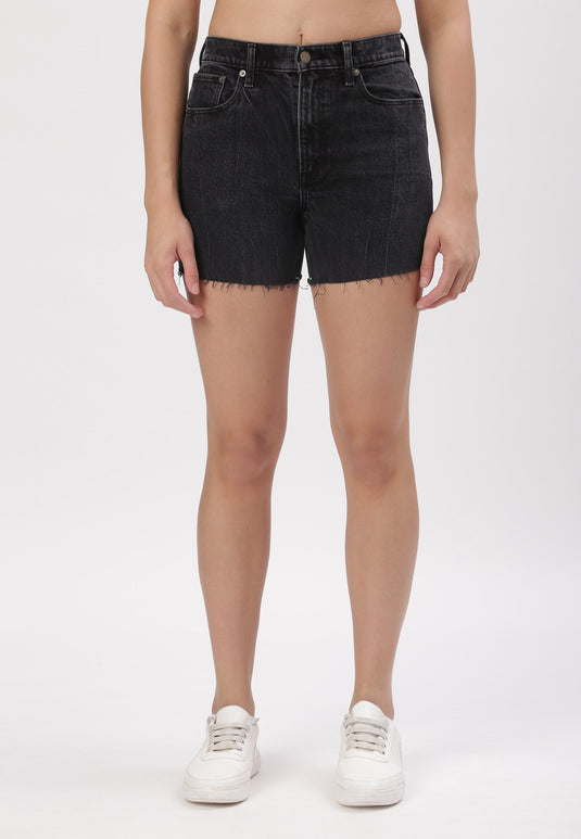 Black High Rise Straight Denim Shorts