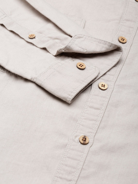 Men Hemp Beige Double Pocket Utility Shirt