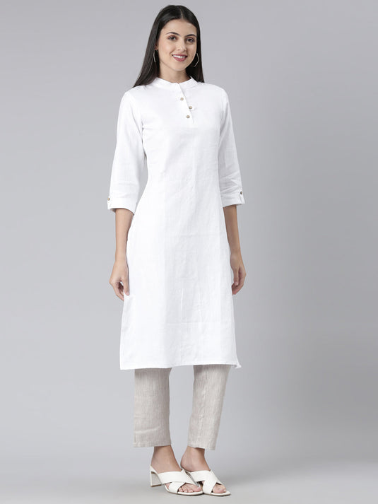 Women Herringbone White and Beige Kurta Set