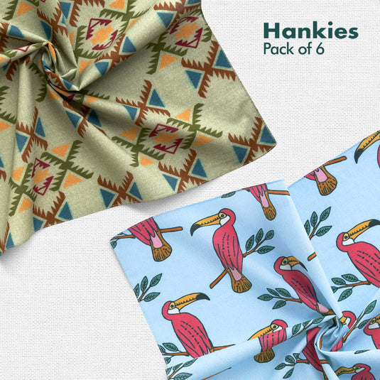 TKO! Tribal Knockout! + F&F! Flora & Fauna! Unisex Hankies, 100% Organic Cotton, Pack of 6