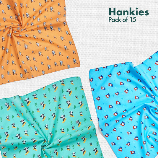 Beach Please! + Child-unlock! + Animalholic! + Foodgasm Series 1! + Series 2! Unisex Hankies, 100% Organic Cotton, Pack of 15