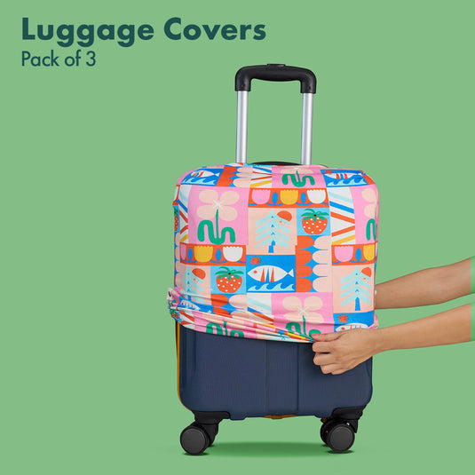 Art Of Abstract! Luggage Covers With Detachable Pouch, 100% Organic Cotton Lycra, Small+Medium+Large Sizes, Pack of 3