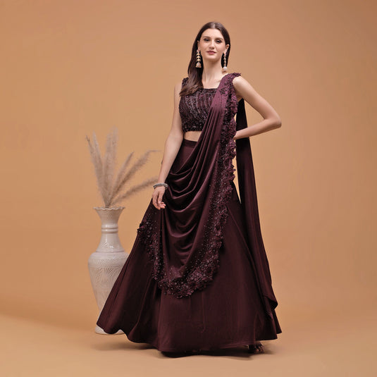 Pannkh Luxe Burgundy Heavy Embroidered Blouse with Applique Drape Set