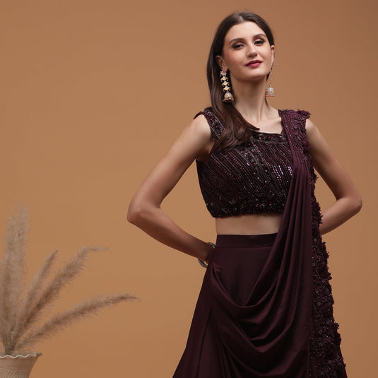 Pannkh Luxe Burgundy Heavy Embroidered Blouse with Applique Drape Set