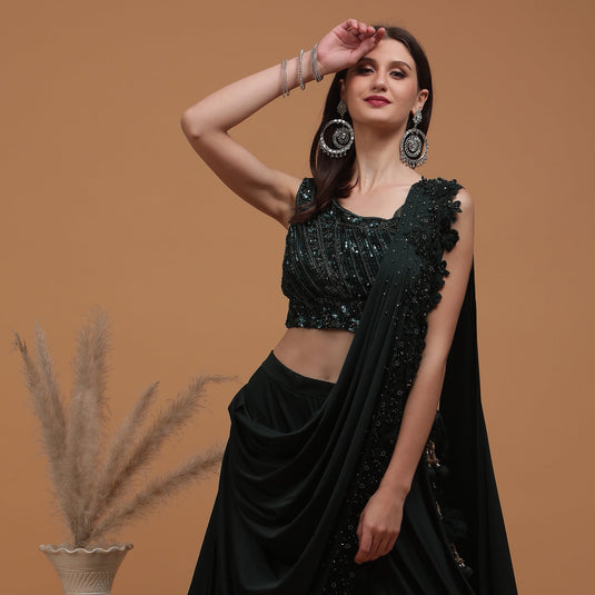 Pannkh Luxe Green Heavy Embroidered Blouse with Applique Drape Set