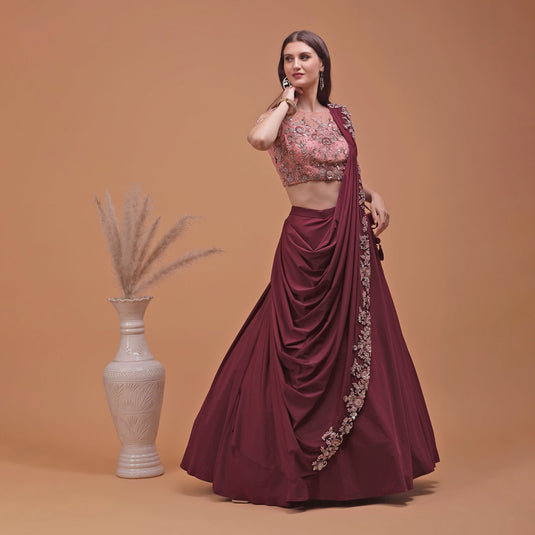 Pannkh Luxe Maroon Heavy Embroidered Blouse with Embroidered Drape Set