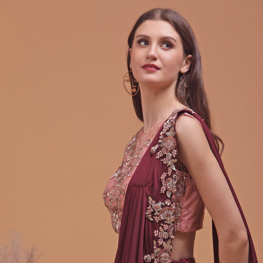 Pannkh Luxe Maroon Heavy Embroidered Blouse with Embroidered Drape Set