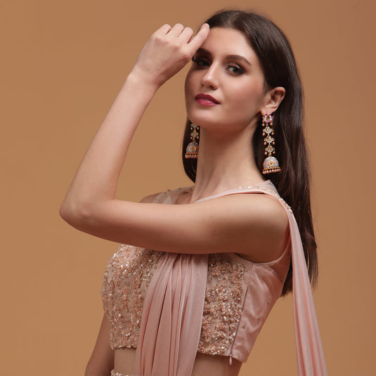 Pannkh Luxe Peach Embroidered Blouse with Drape Lehenga Set