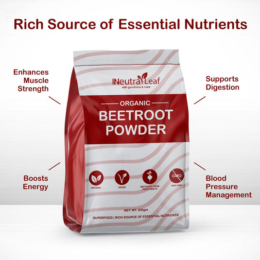 NeutraLeaf Organic Beetroot Powder | 200g | Skin, Face & Hair | Muscle Build | Boosts Energy | Digestion| Pre Workout