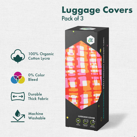 Abstract Mania! Luggage Covers With Detachable Pouch, 100% Organic Cotton Lycra, Small+Medium+Large Sizes, Pack of 3