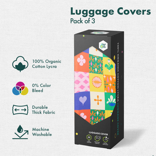 Abstract-ology! Luggage Covers With Detachable Pouch, 100% Organic Cotton Lycra, Small+Medium+Large Sizes, Pack of 3