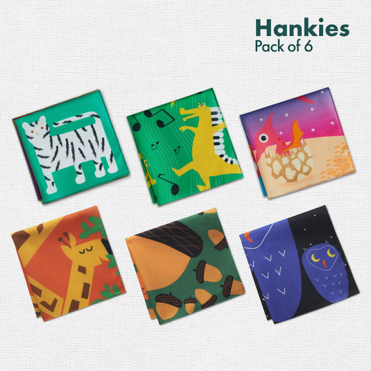 Zoo Buddies! Unisex Kid's Hankies, 100% Organic Cotton, Pack of 6