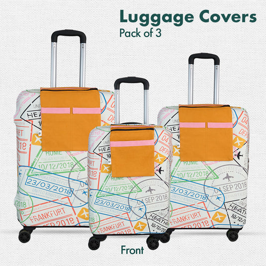 Stamp-ed! Luggage Covers With Detachable Pouch, 100% Organic Cotton Lycra, Small+Medium+Large Sizes, Pack of 3