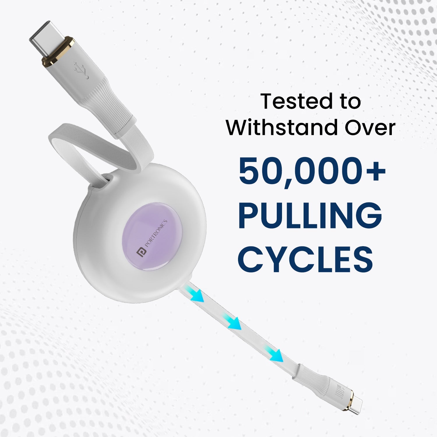 Portronics Konnect Recoil - 100W fast Charging cable| 100W Retractable Charging Cable| Type-C to Type-C cable| White data cable