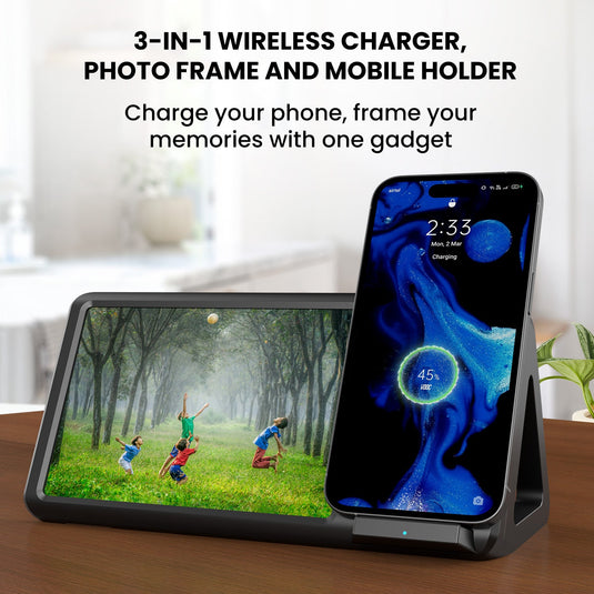 Portronics Freedom 5 3 in 1 wireless charging pad for iphone series with photo frame| Wireless fast charger with photo frame