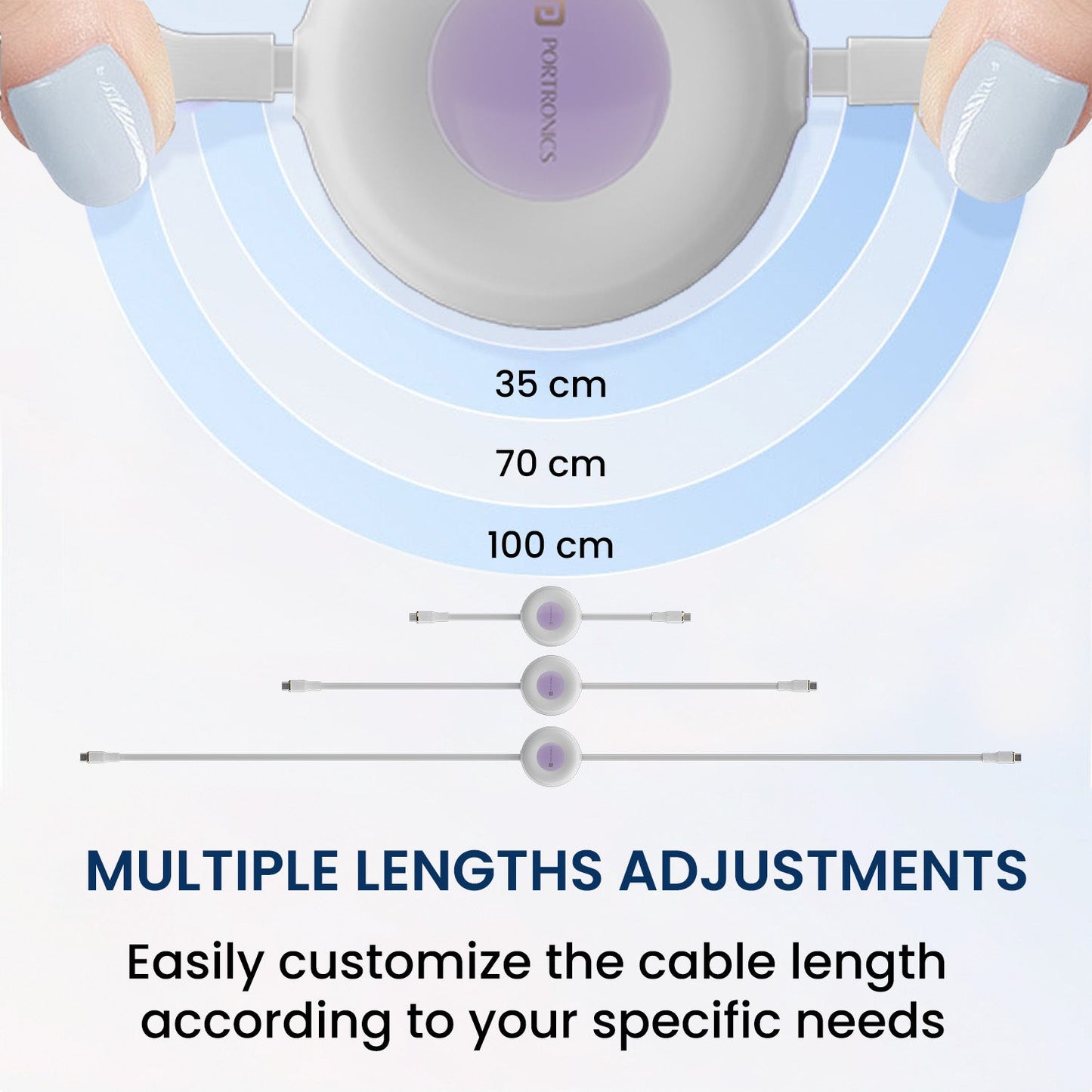 White Portronics Konnect Recoil - 100W fast Charging cable| 100W Retractable Charging Cable| type c to type c cable with multiple length adjustments