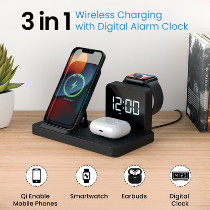 Portronics Bella 3-in-1 Wireless Charger with digital alarm clock. Black