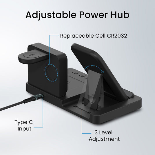 Portronics Bella 3-in-1 fast Wireless Charger stand with adjustable power hub. Black