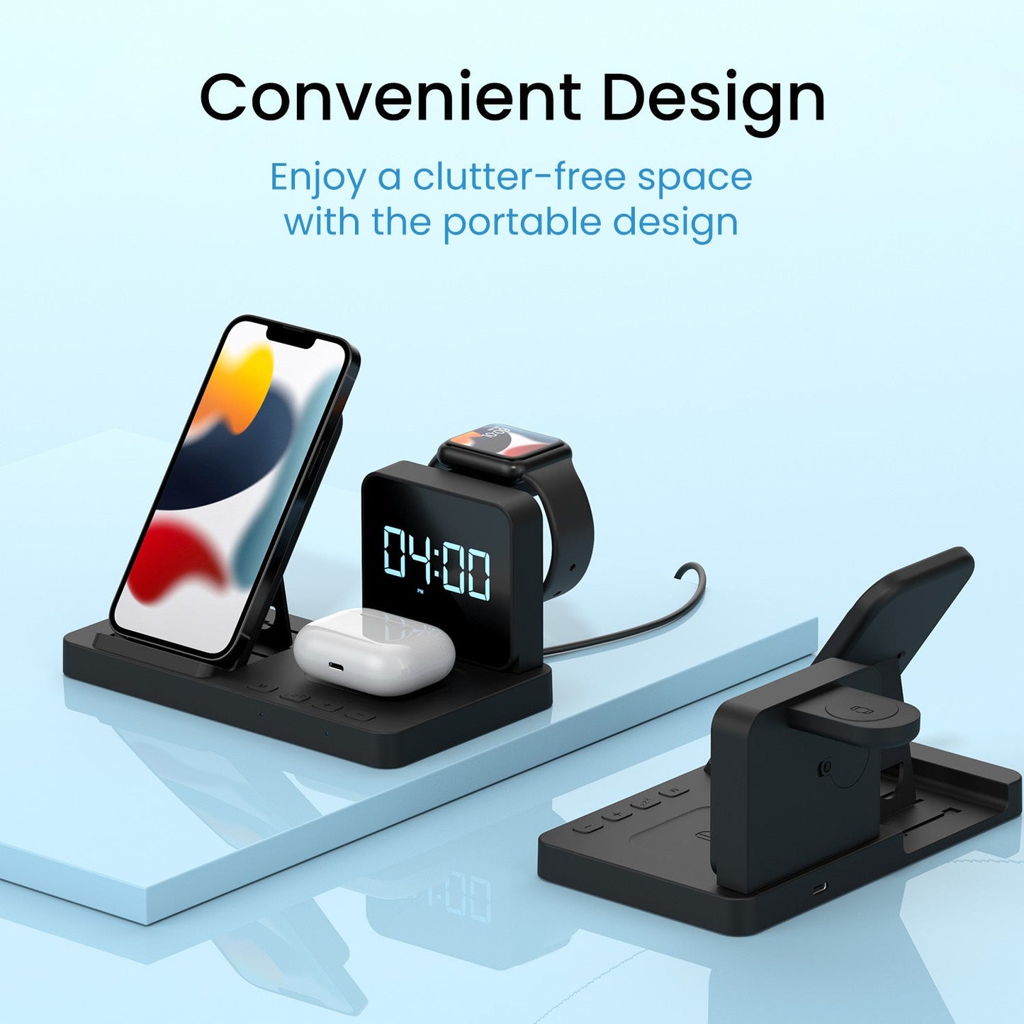 Portronics Bella 3-in-1 fast Wireless Charger stand come with convenient design. black