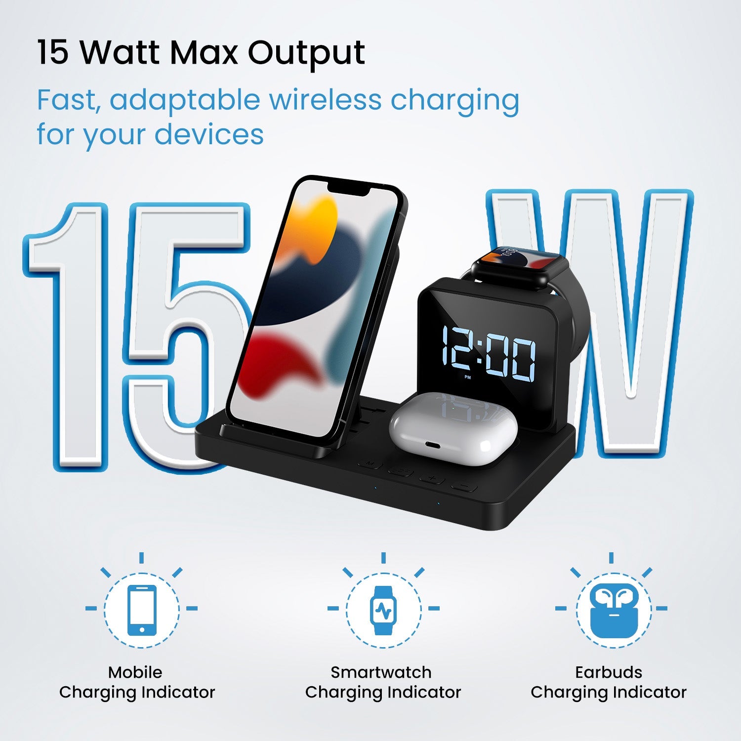 Portronics Bella 3-in-1 fast Wireless Charger stand come with 15w max output. black