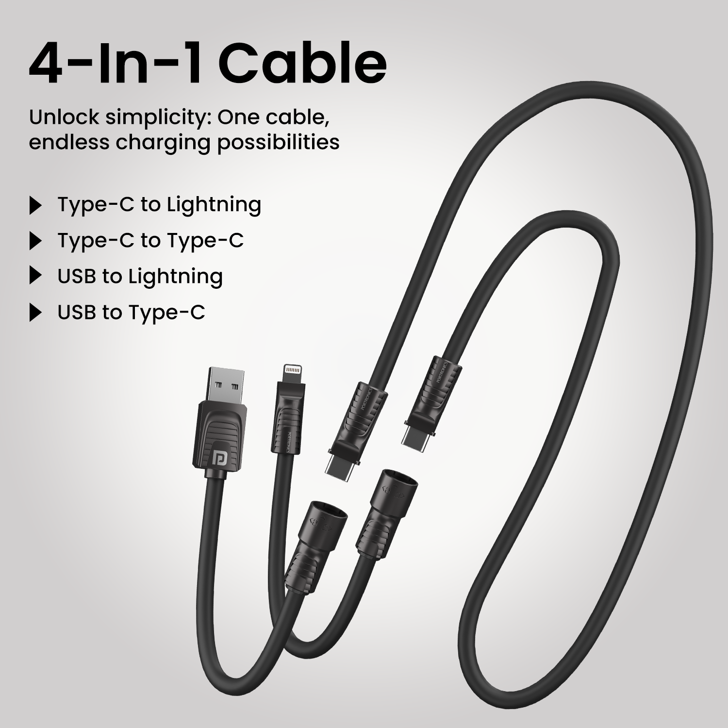 Black Portronics Konnect Tetra 4 in 1 type c to type c charging cable| type c to type c cable| usb cable to type c| 