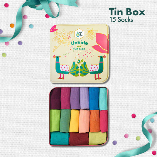 Peacock A Boo! Tin Gift Box, Unisex Ankle Length Socks, 100% Organic Cotton, Box Of 15