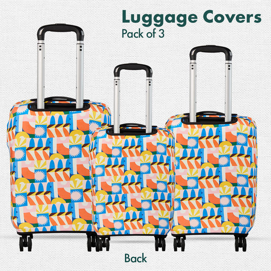 Geometric Vibes! Luggage Covers With Detachable Pouch, 100% Organic Cotton Lycra, Small+Medium+Large Sizes, Pack of 3