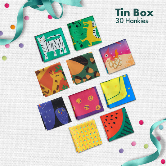 GMT! Giraffe Mood Time! Tin Gift Box, Unisex Kid's Hankies, 100% Organic Cotton, Box Of 30