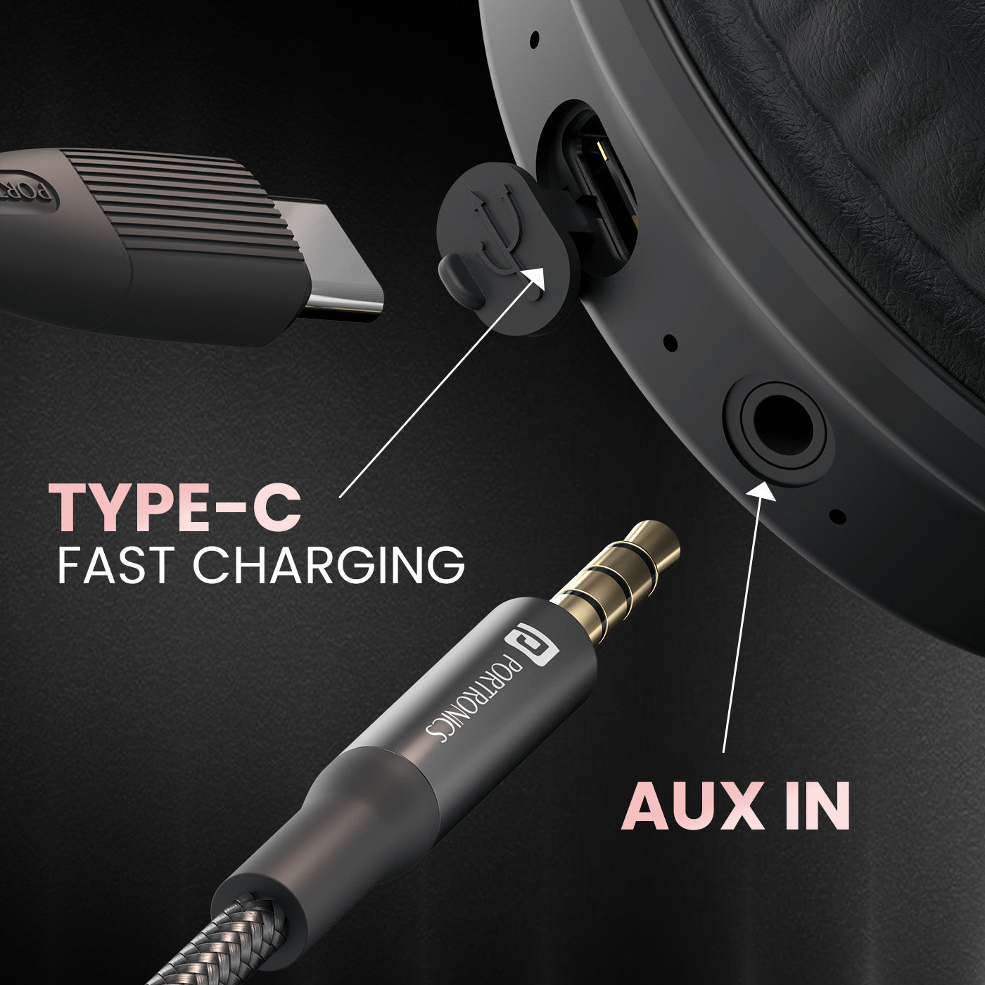 Portronics  bluetooth headphones Muff M3  comes with Mic and type c fast charging| blutooth headphones with aux in features 