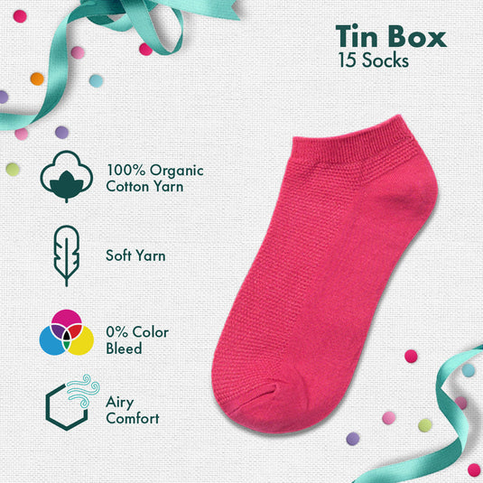 Peacock A Boo! Tin Gift Box, Unisex Ankle Length Socks, 100% Organic Cotton, Box Of 15