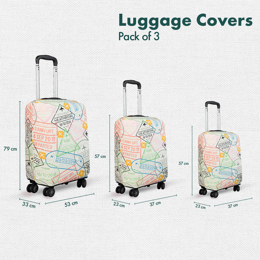 Stamp-ed! Luggage Covers With Detachable Pouch, 100% Organic Cotton Lycra, Small+Medium+Large Sizes, Pack of 3