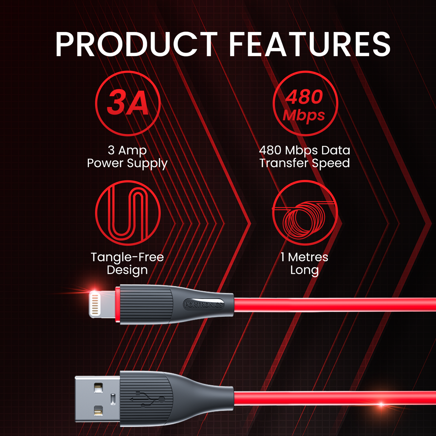 red Portronics Silklink 3A USB to 8 Pin Fast charging Cable for Iphone| fast charging cable| 